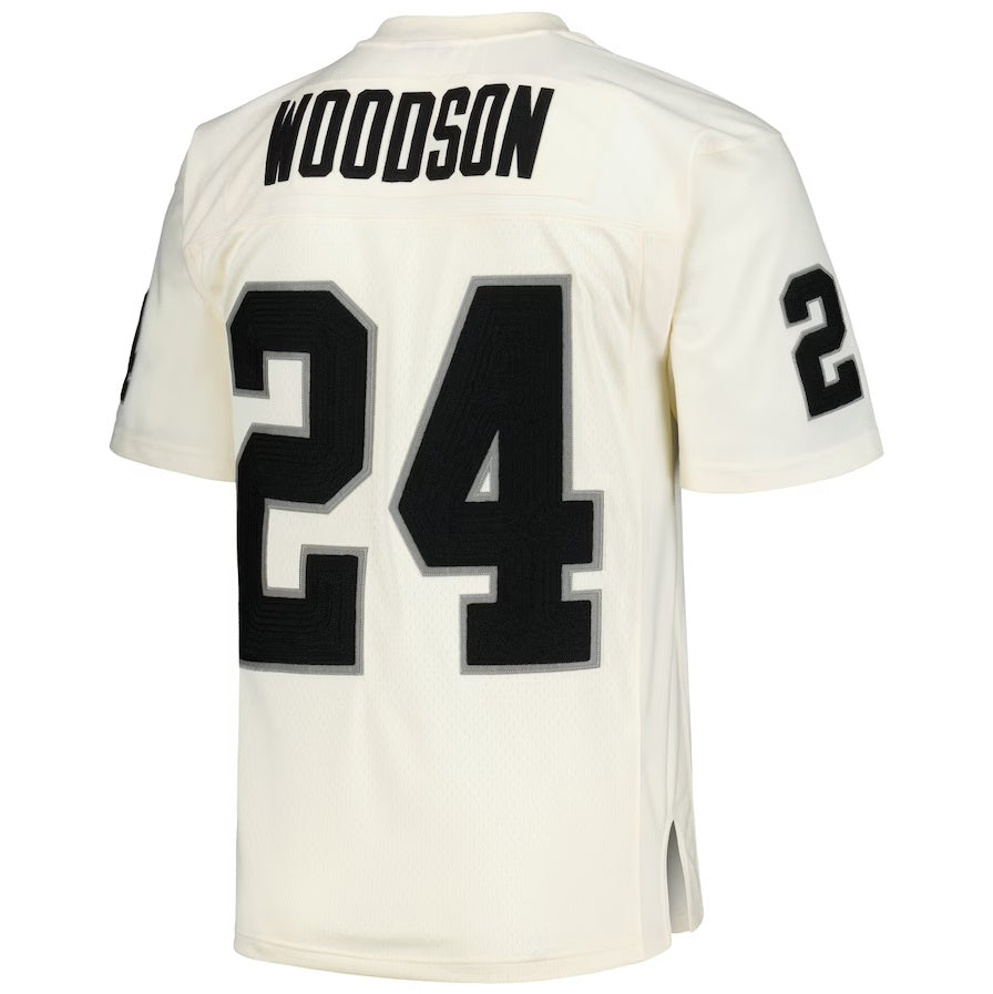 LV. Raiders #24 Charles Woodson Mitchell & Ness Chainstitch Legacy Jersey - Cream Stitched American Football Jerseys - Main View