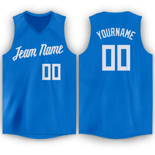 Custom Blue White V-Neck Basketball Jersey - Main View