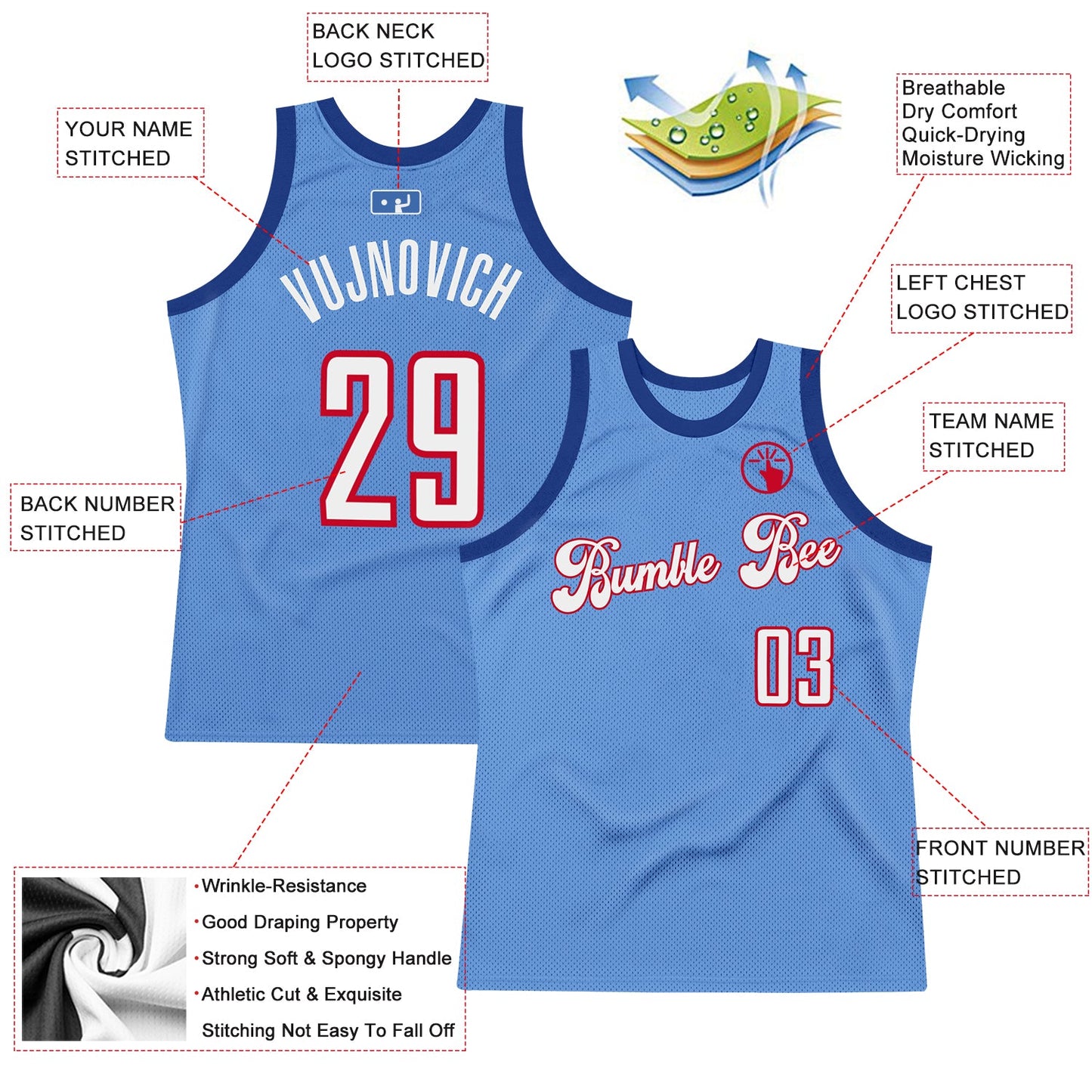 Custom Light Blue White-Red Authentic Throwback Basketball Jersey view 2