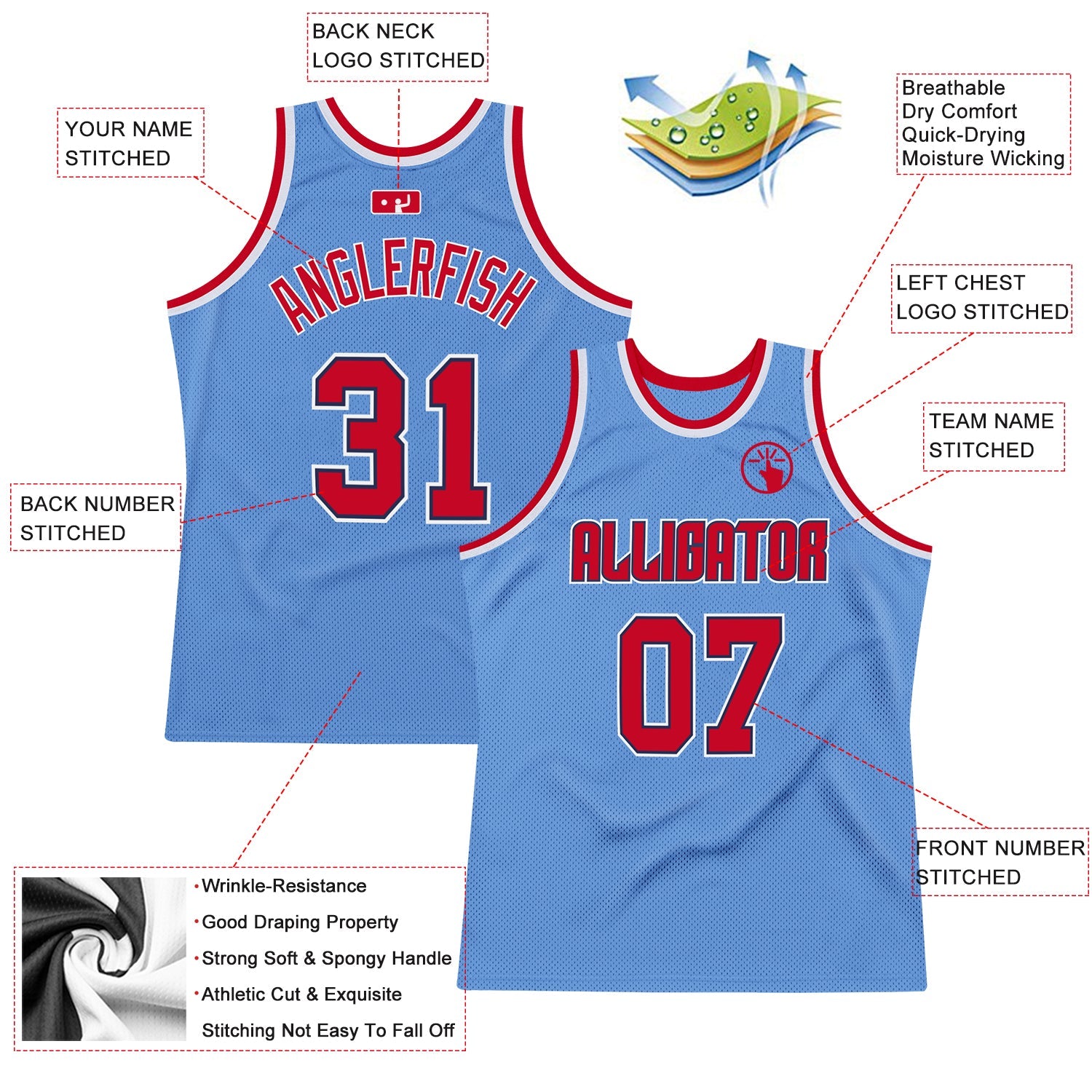 Custom Light Blue Red-Navy Authentic Throwback Basketball Jersey view 2