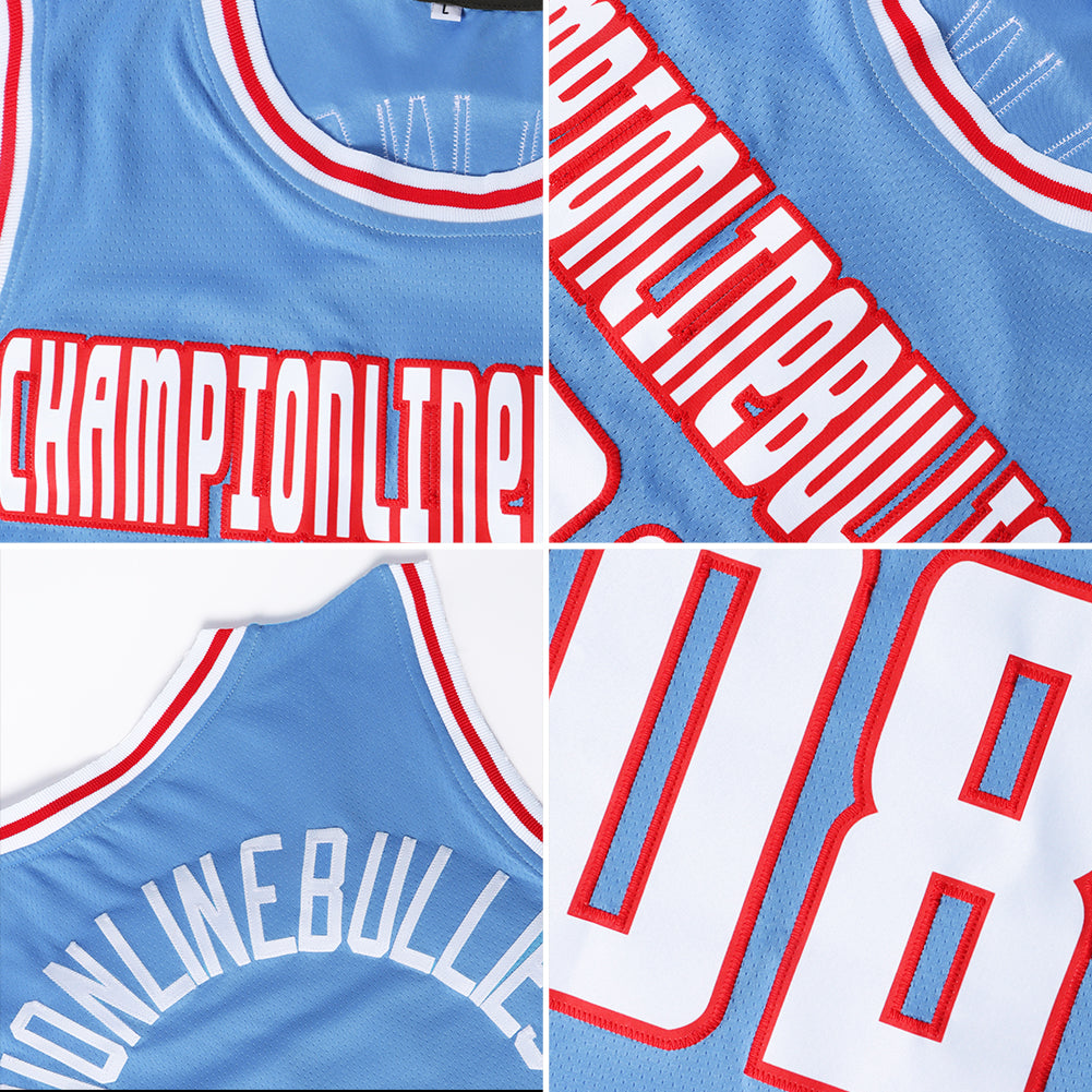 Custom Light Blue Red-Navy Authentic Throwback Basketball Jersey view 5
