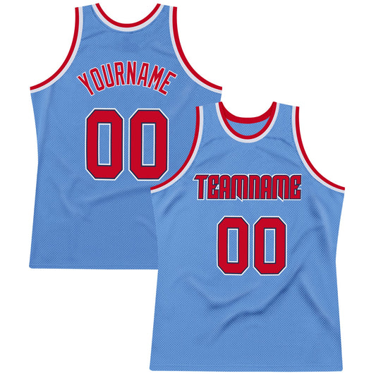 Custom Light Blue Red-Navy Authentic Throwback Basketball Jersey - Main View