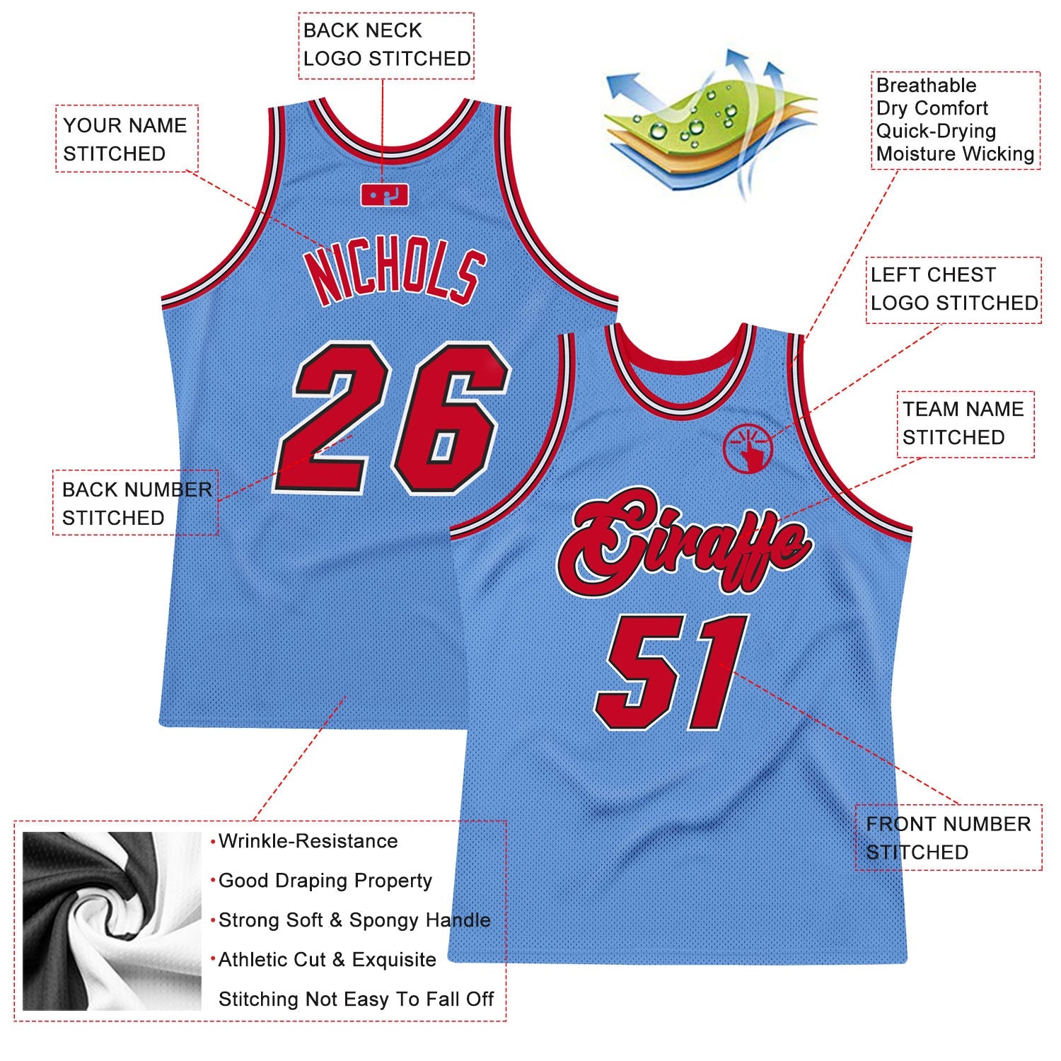 Custom Light Blue Red-Black Authentic Throwback Basketball Jersey view 2