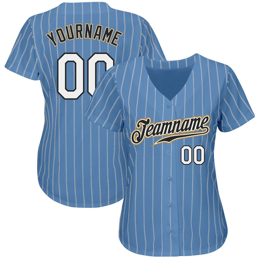 Custom Light Blue White Pinstripe White-Old Gold Authentic Baseball Jersey view 2