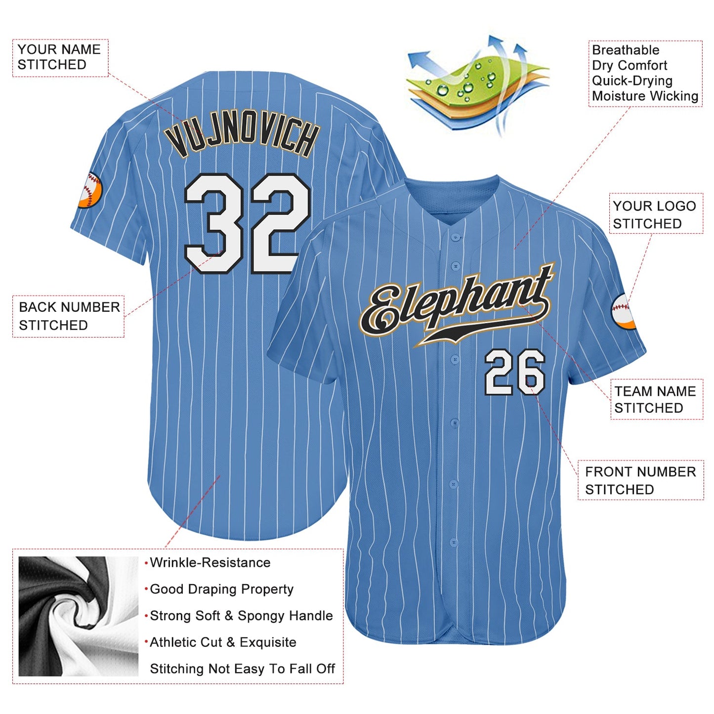 Custom Light Blue White Pinstripe White-Old Gold Authentic Baseball Jersey view 3