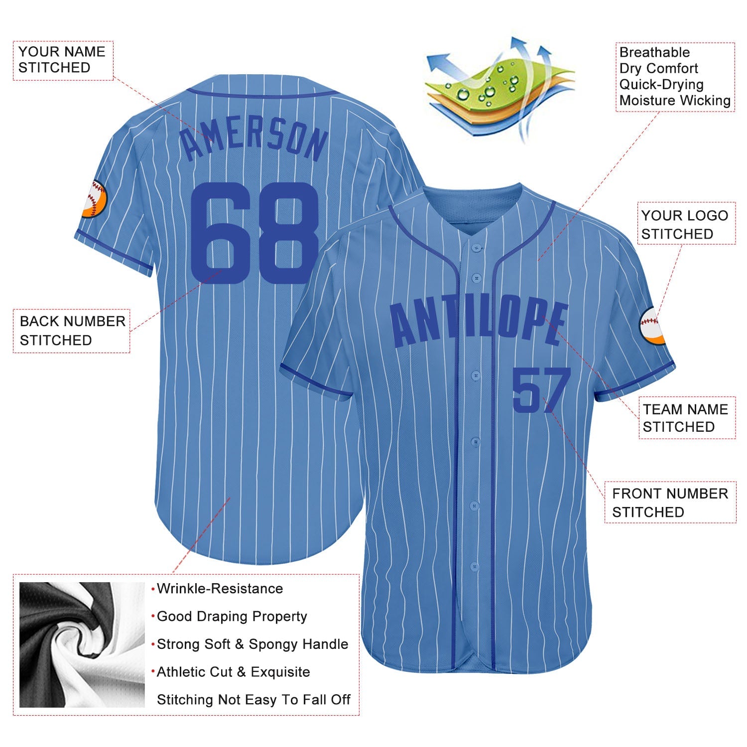 Custom Light Blue White Pinstripe Royal Authentic Baseball Jersey view 3