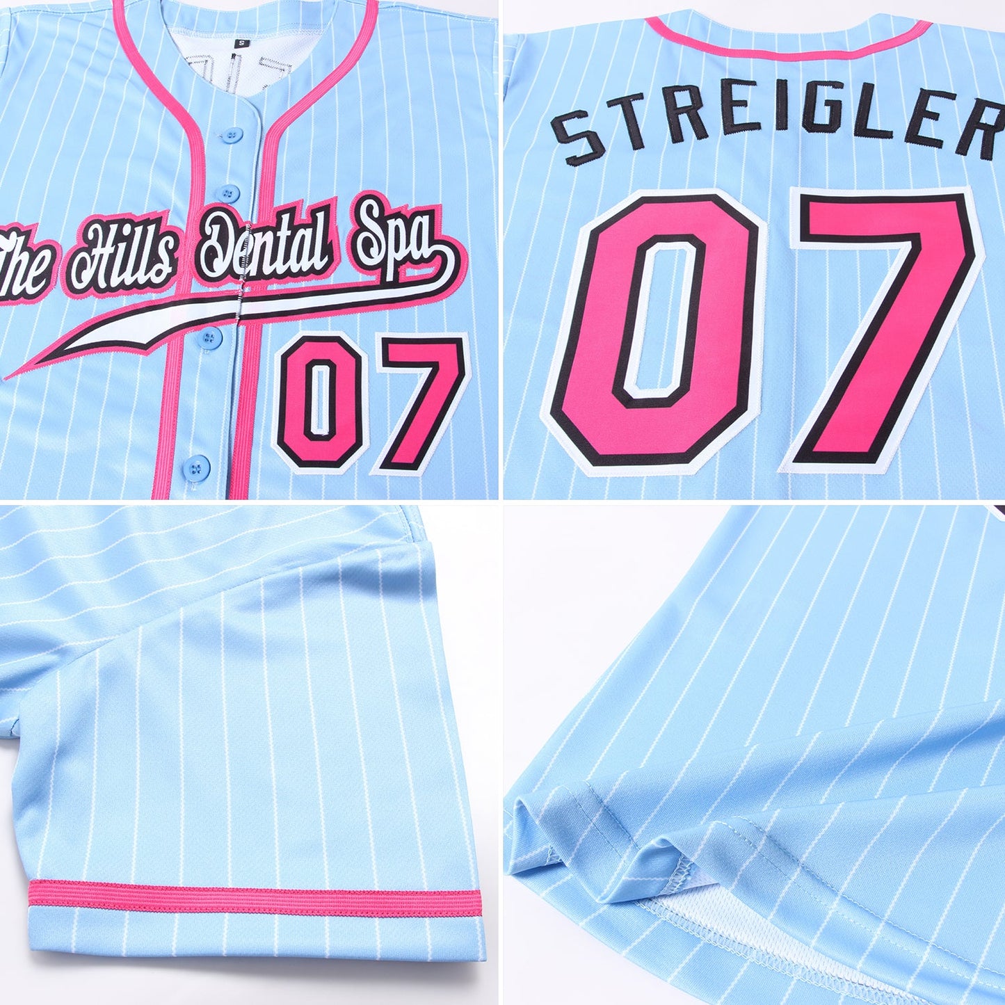 Custom Light Blue White Pinstripe Pink-Black Authentic Baseball Jersey view 6