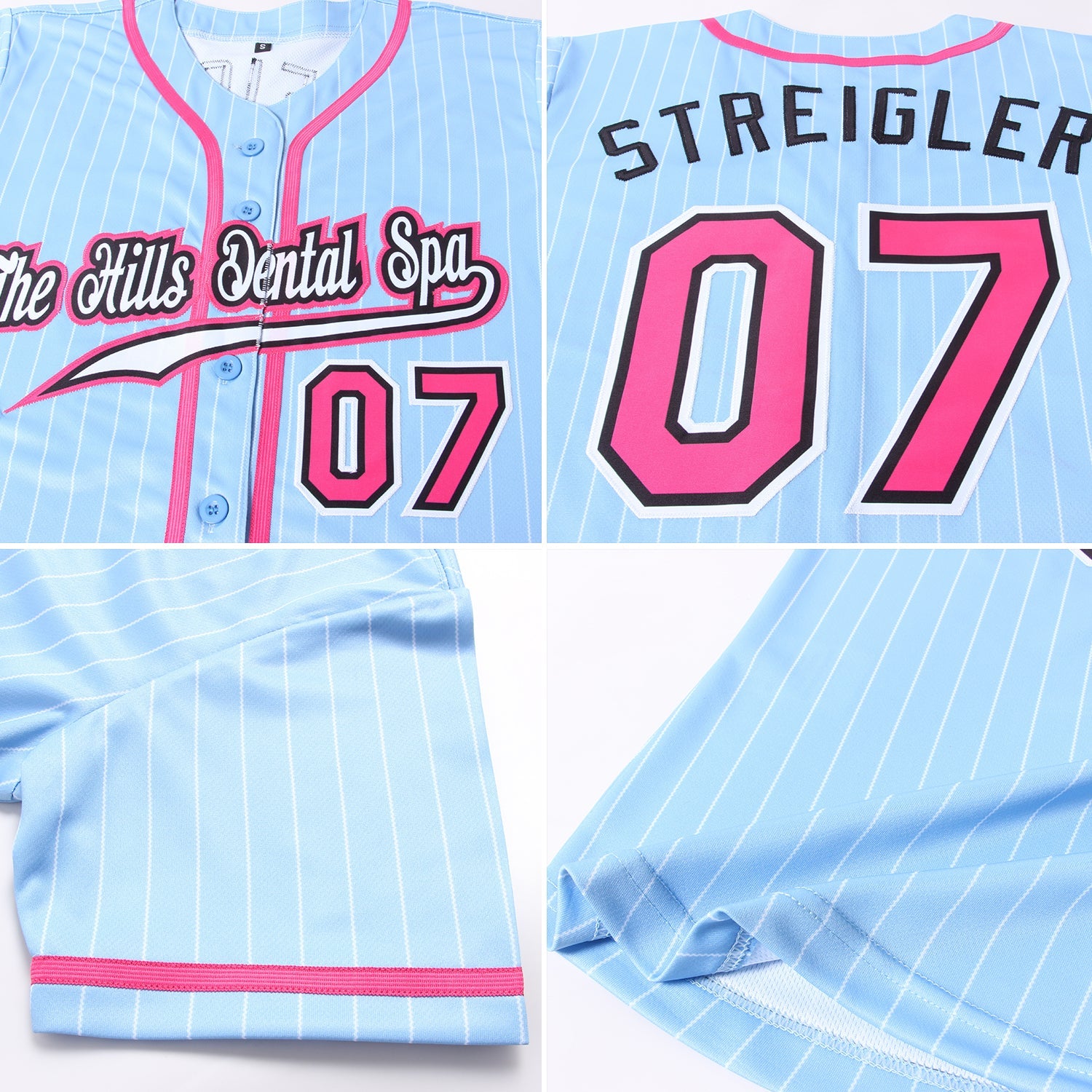 Custom Light Blue White Pinstripe Pink-Black Authentic Baseball Jersey view 6