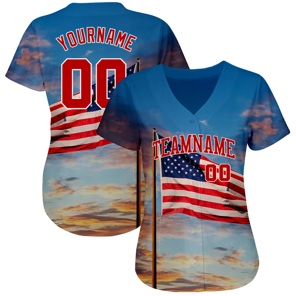 Custom Light Blue Red-White 3D American Flag Fashion Authentic Baseball Jersey view 2