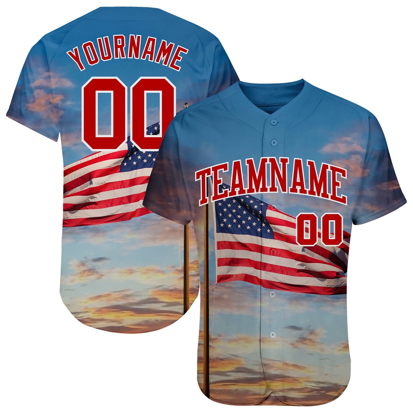 Custom Light Blue Red-White 3D American Flag Fashion Authentic Baseball Jersey - Main View