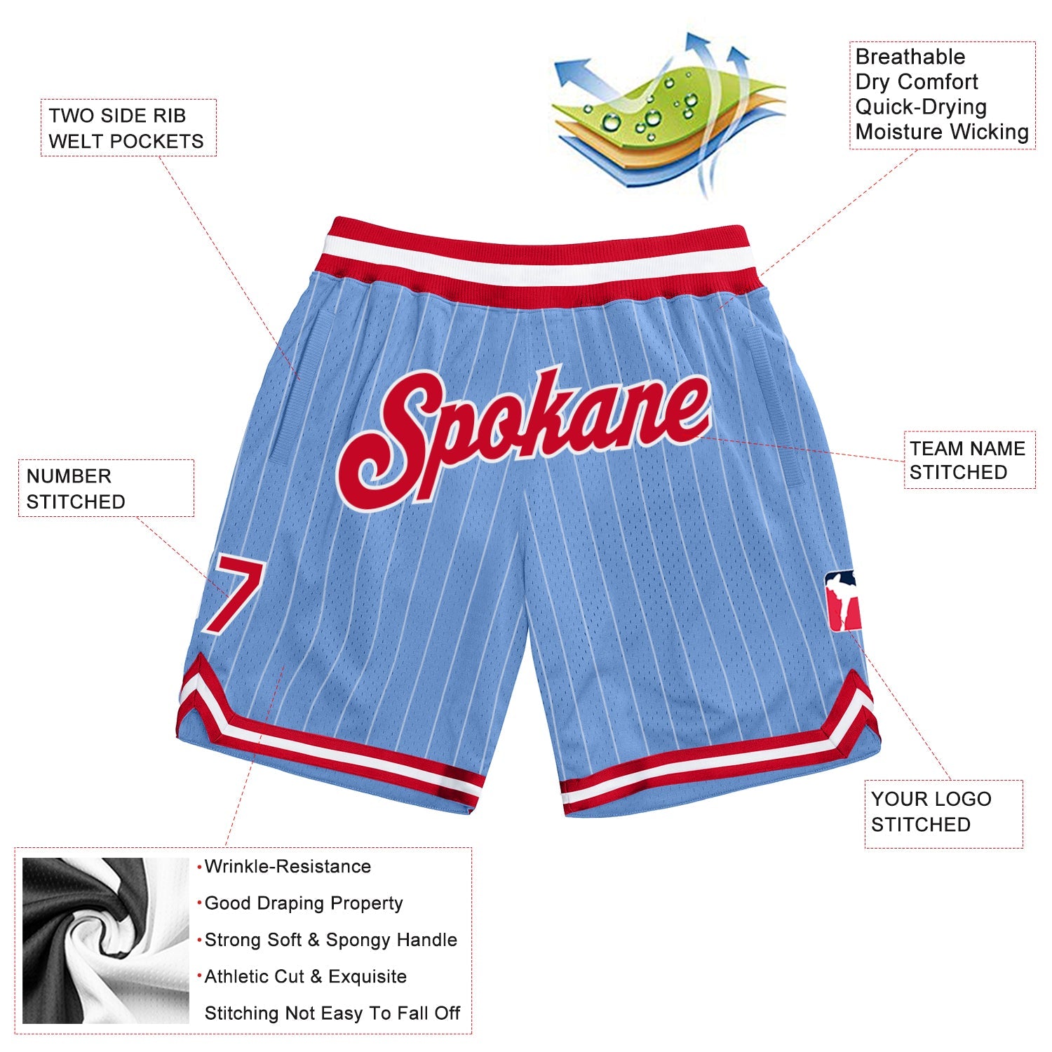 Custom Light Blue White Pinstripe Red-White Authentic Basketball Shorts view 2