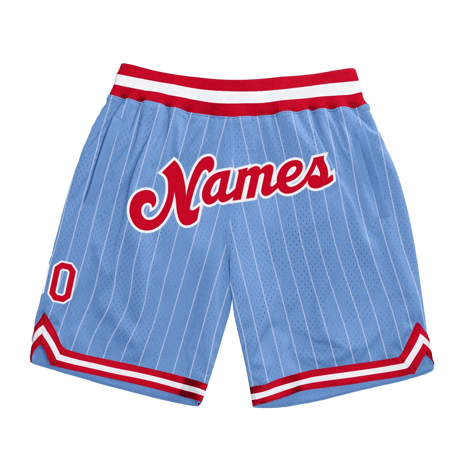 Custom Light Blue White Pinstripe Red-White Authentic Basketball Shorts - Main View