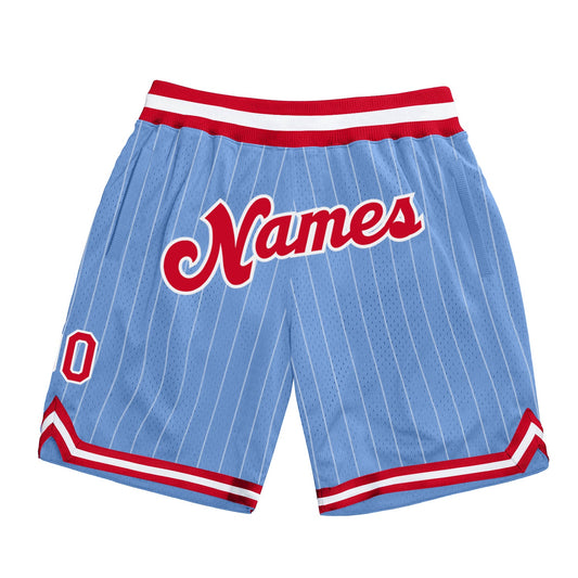 Custom Light Blue White Pinstripe Red-White Authentic Basketball Shorts - Main View