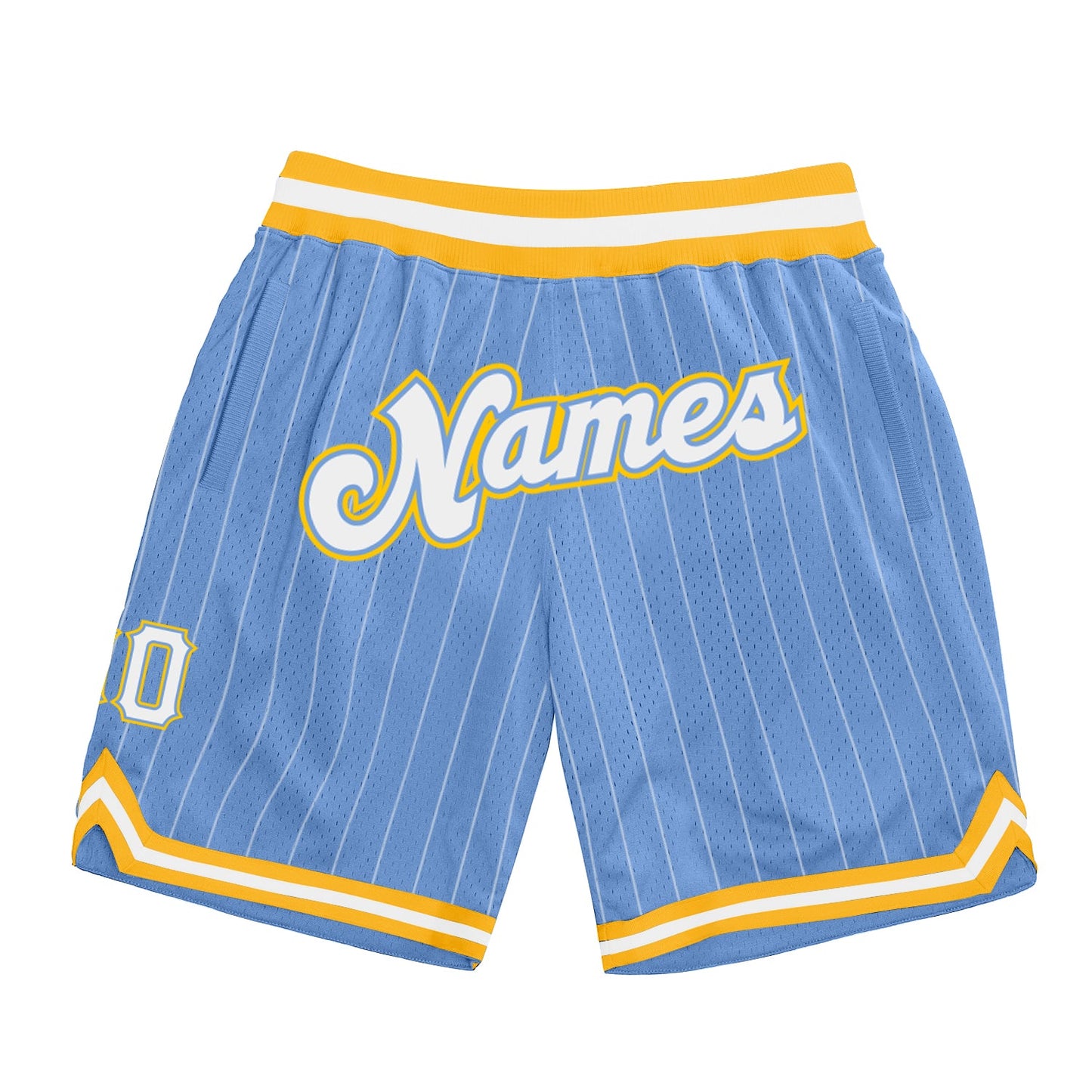 Custom Light Blue White Pinstripe White-Gold Authentic Basketball Shorts - Main View