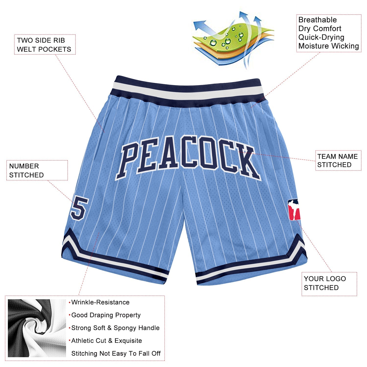 Custom Light Blue White Pinstripe Navy-White Authentic Basketball Shorts view 2