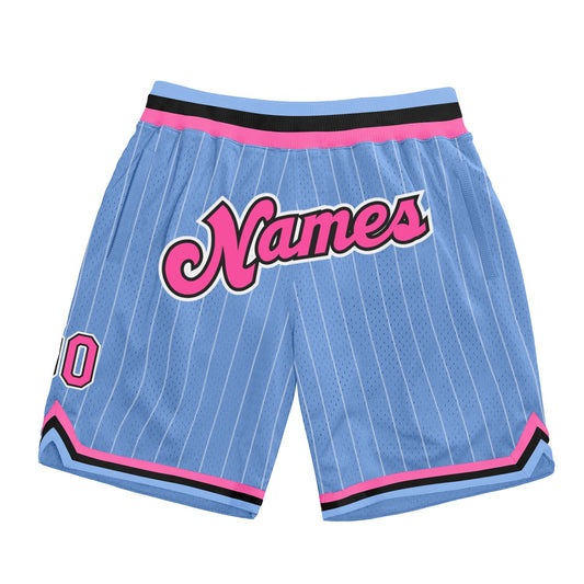 Custom Light Blue White Pinstripe Pink-Black Authentic Basketball Shorts - Main View