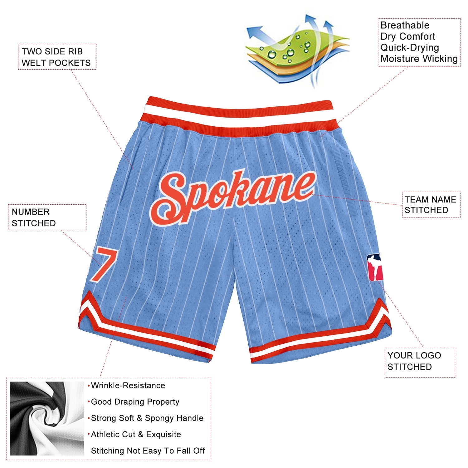 Custom Light Blue White Pinstripe Orange-White Authentic Basketball Shorts view 2