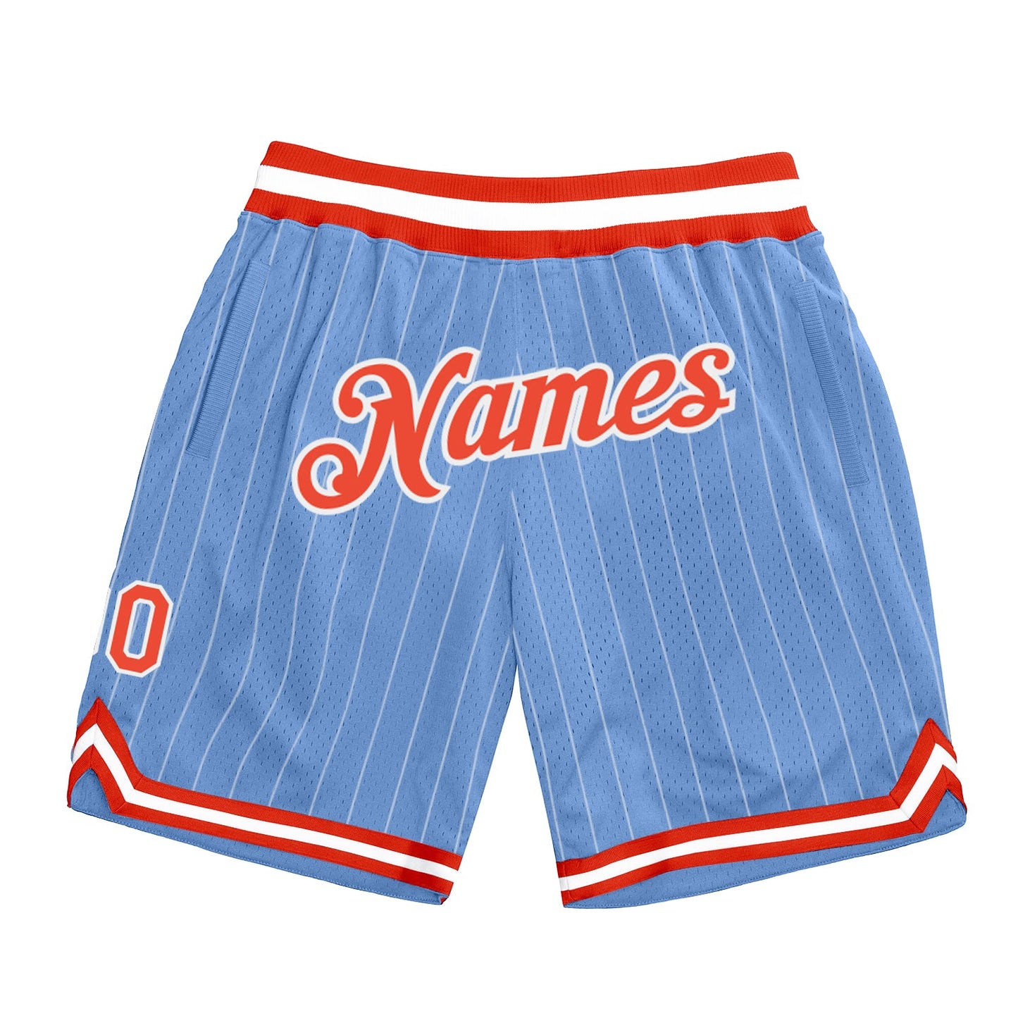 Custom Light Blue White Pinstripe Orange-White Authentic Basketball Shorts - Main View
