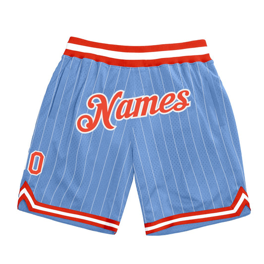 Custom Light Blue White Pinstripe Orange-White Authentic Basketball Shorts - Main View