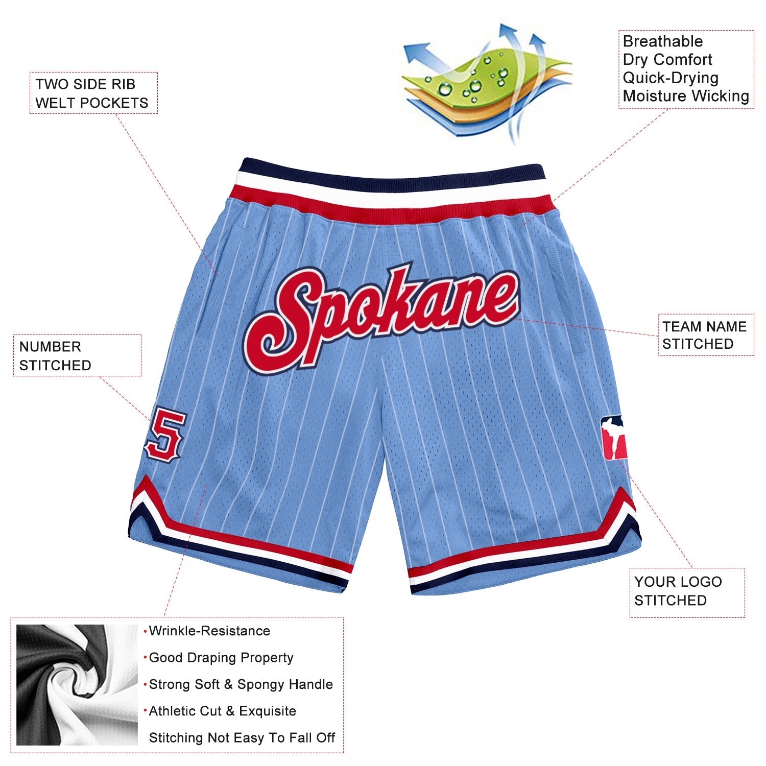 Custom Light Blue White Pinstripe Red-Navy Authentic Basketball Shorts view 2