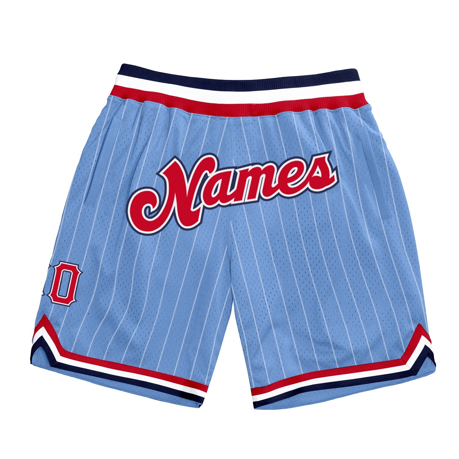 Custom Light Blue White Pinstripe Red-Navy Authentic Basketball Shorts - Main View