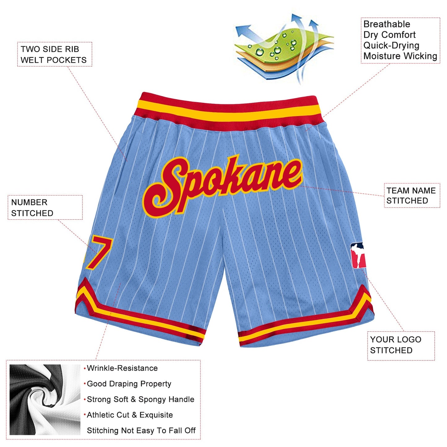 Custom Light Blue White Pinstripe Red-Gold Authentic Basketball Shorts view 2