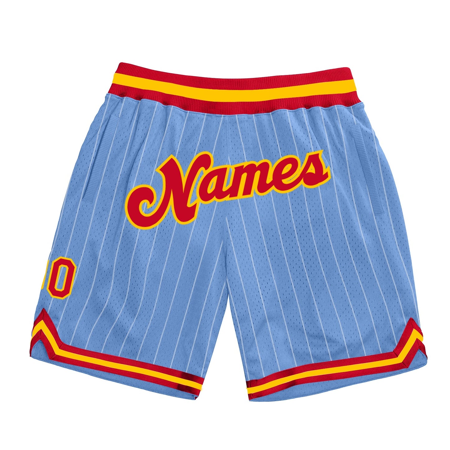 Custom Light Blue White Pinstripe Red-Gold Authentic Basketball Shorts - Main View