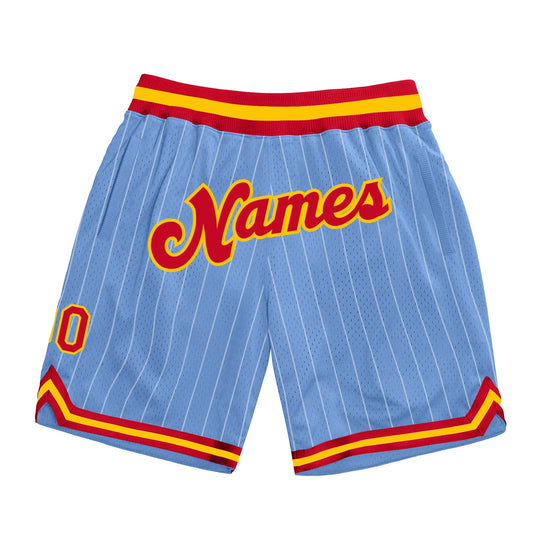 Custom Light Blue White Pinstripe Red-Gold Authentic Basketball Shorts - Main View