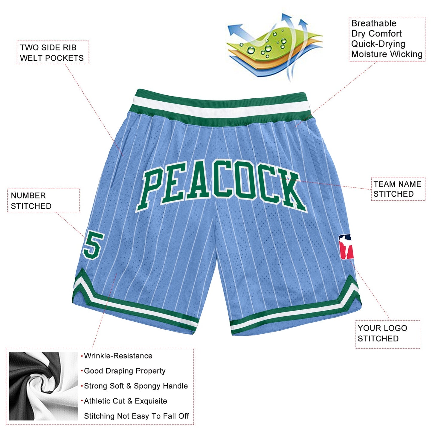 Custom Light Blue White Pinstripe Kelly Green-White Authentic Basketball Shorts view 2