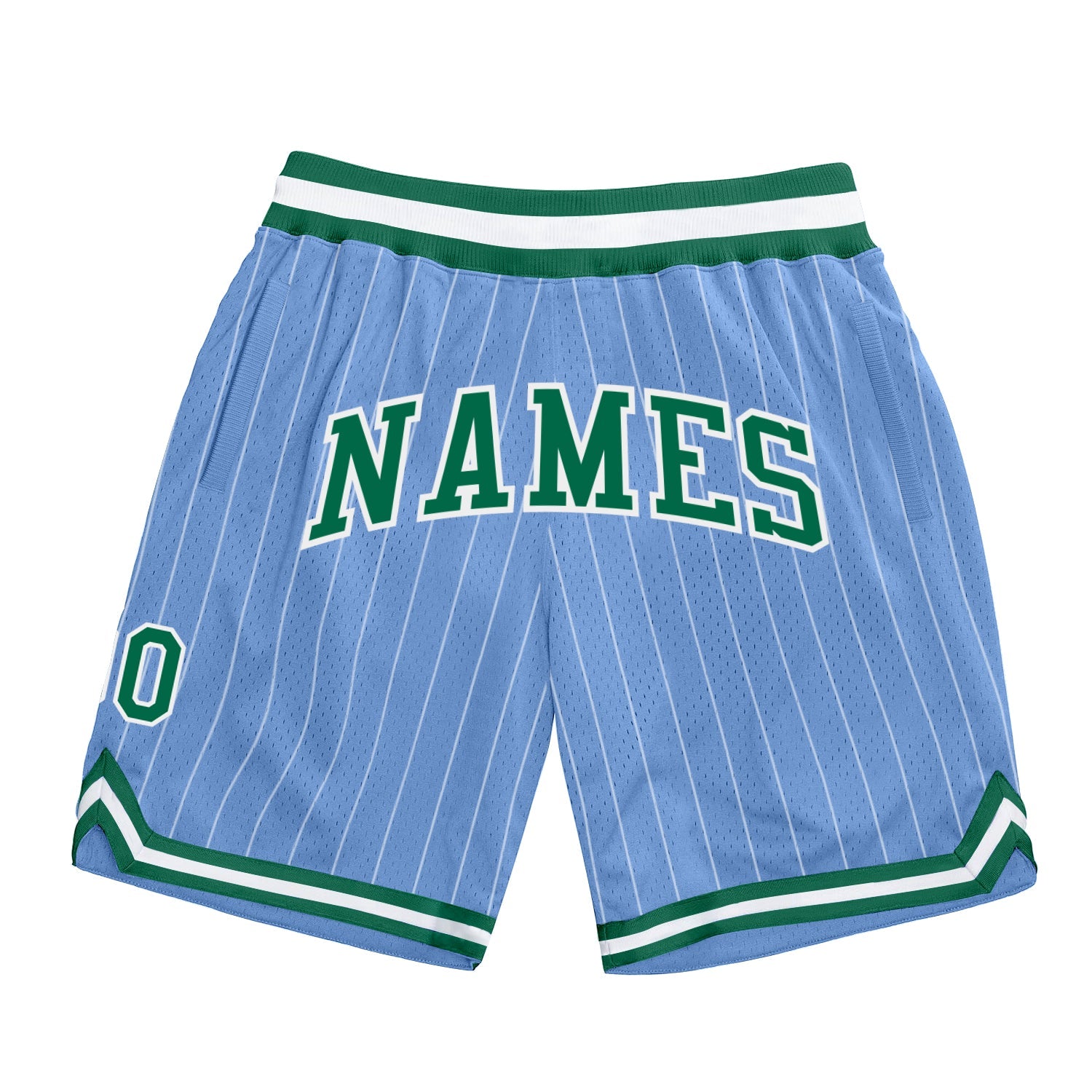 Custom Light Blue White Pinstripe Kelly Green-White Authentic Basketball Shorts - Main View