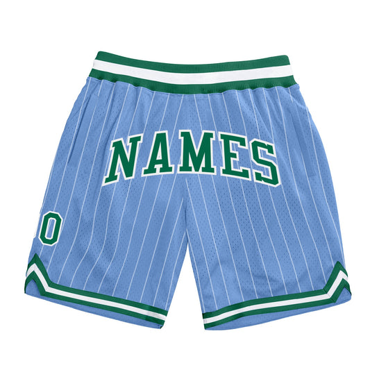 Custom Light Blue White Pinstripe Kelly Green-White Authentic Basketball Shorts - Main View