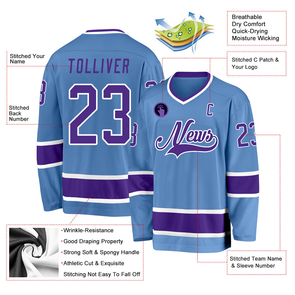 Custom Light Blue Purple-White Hockey Jersey view 2