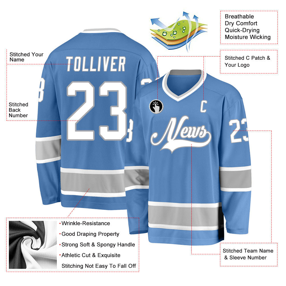 Custom Light Blue White-Gray Hockey Jersey view 2