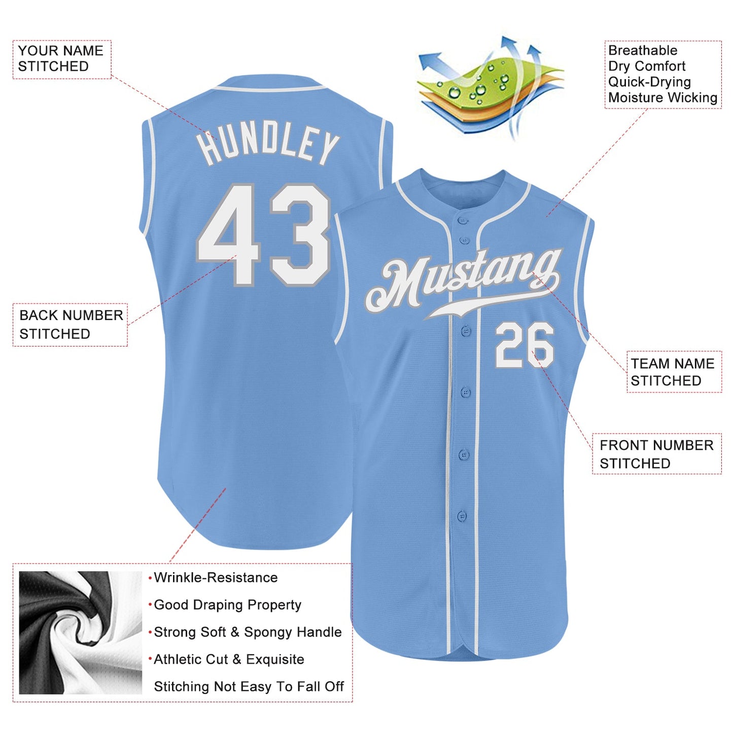 Custom Light Blue White-Gray Authentic Sleeveless Baseball Jersey view 2