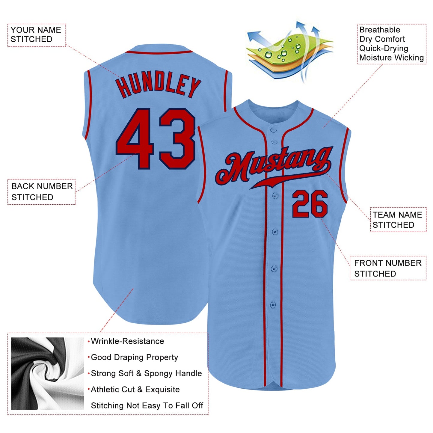 Custom Light Blue Red-Navy Authentic Sleeveless Baseball Jersey view 2