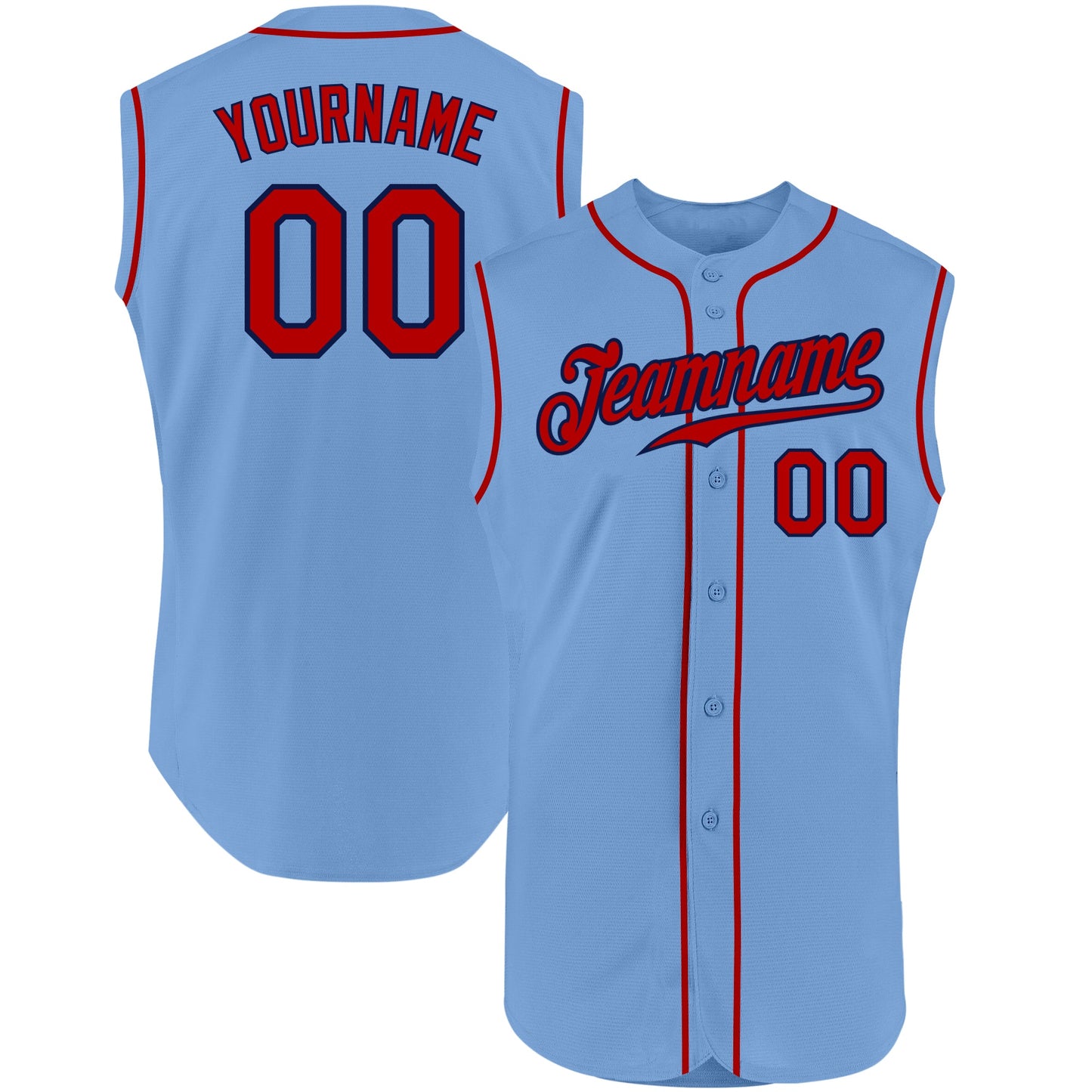 Custom Light Blue Red-Navy Authentic Sleeveless Baseball Jersey - Main View