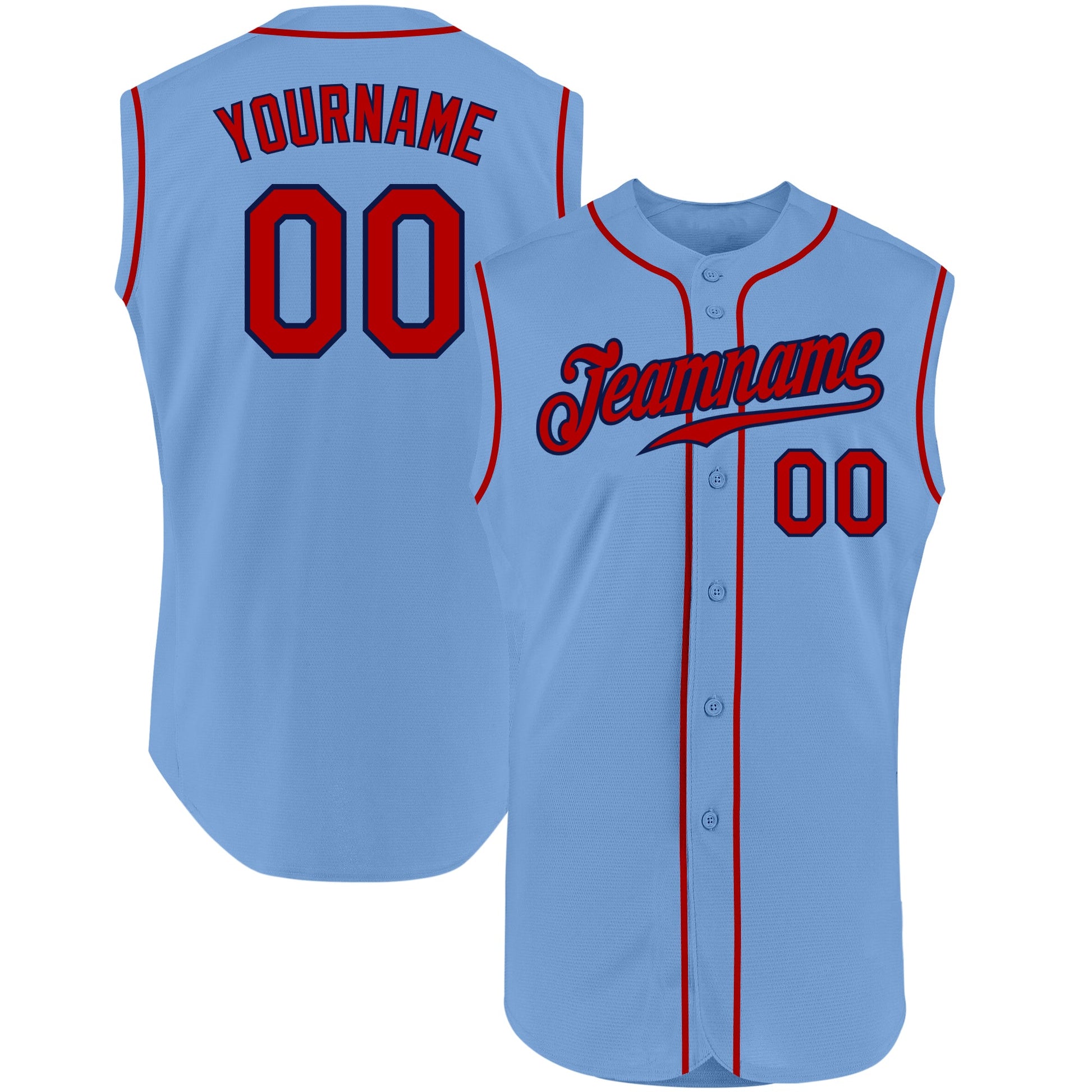 Custom Light Blue Red-Navy Authentic Sleeveless Baseball Jersey - Main View