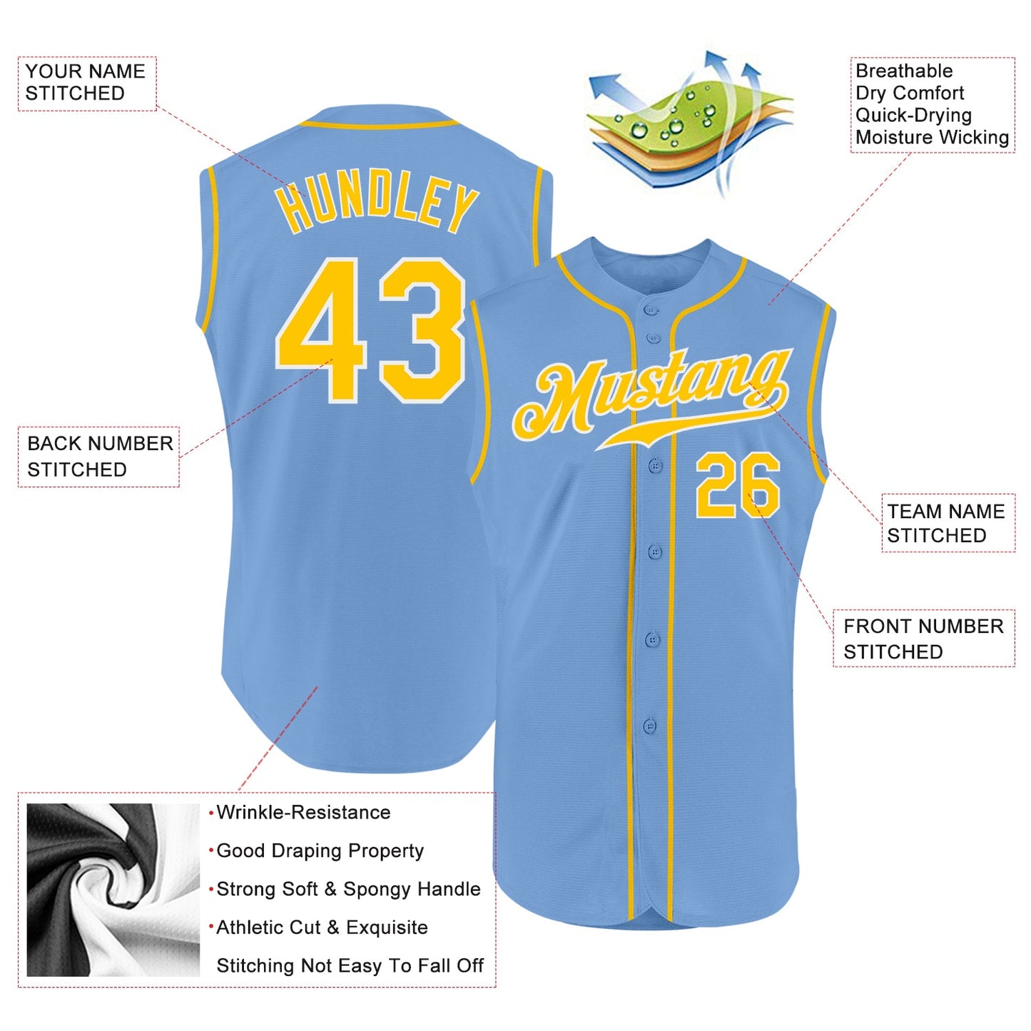 Custom Light Blue Gold-White Authentic Sleeveless Baseball Jersey view 2