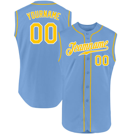 Custom Light Blue Gold-White Authentic Sleeveless Baseball Jersey - Main View
