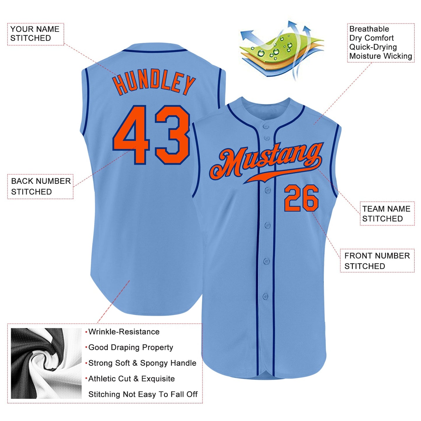 Custom Light Blue Orange-Royal Authentic Sleeveless Baseball Jersey view 2