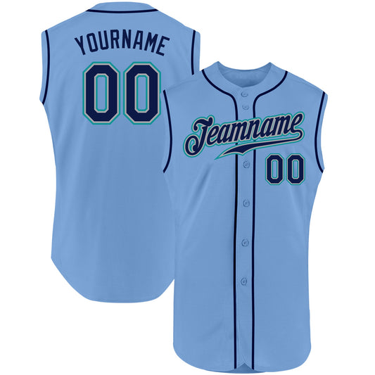 Custom Light Blue Navy-Teal Authentic Sleeveless Baseball Jersey - Main View
