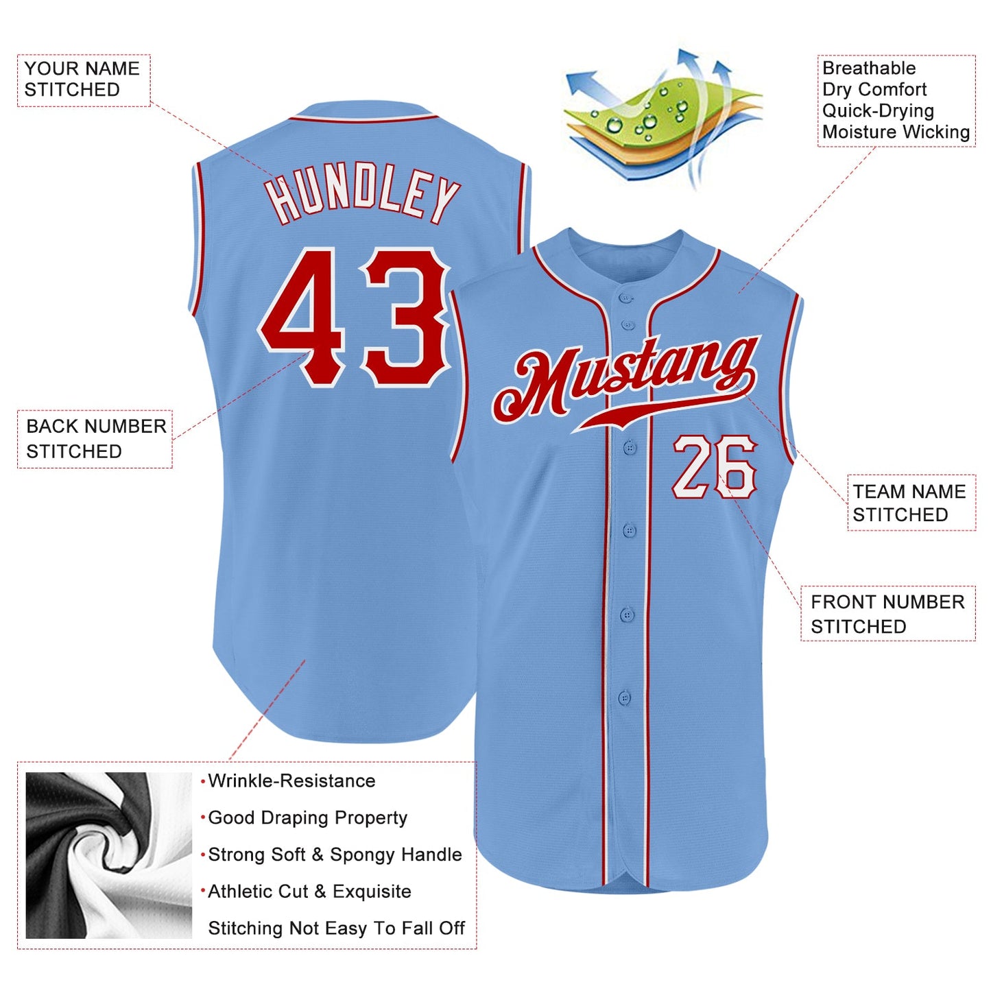 Custom Light Blue Red-White Authentic Sleeveless Baseball Jersey view 2