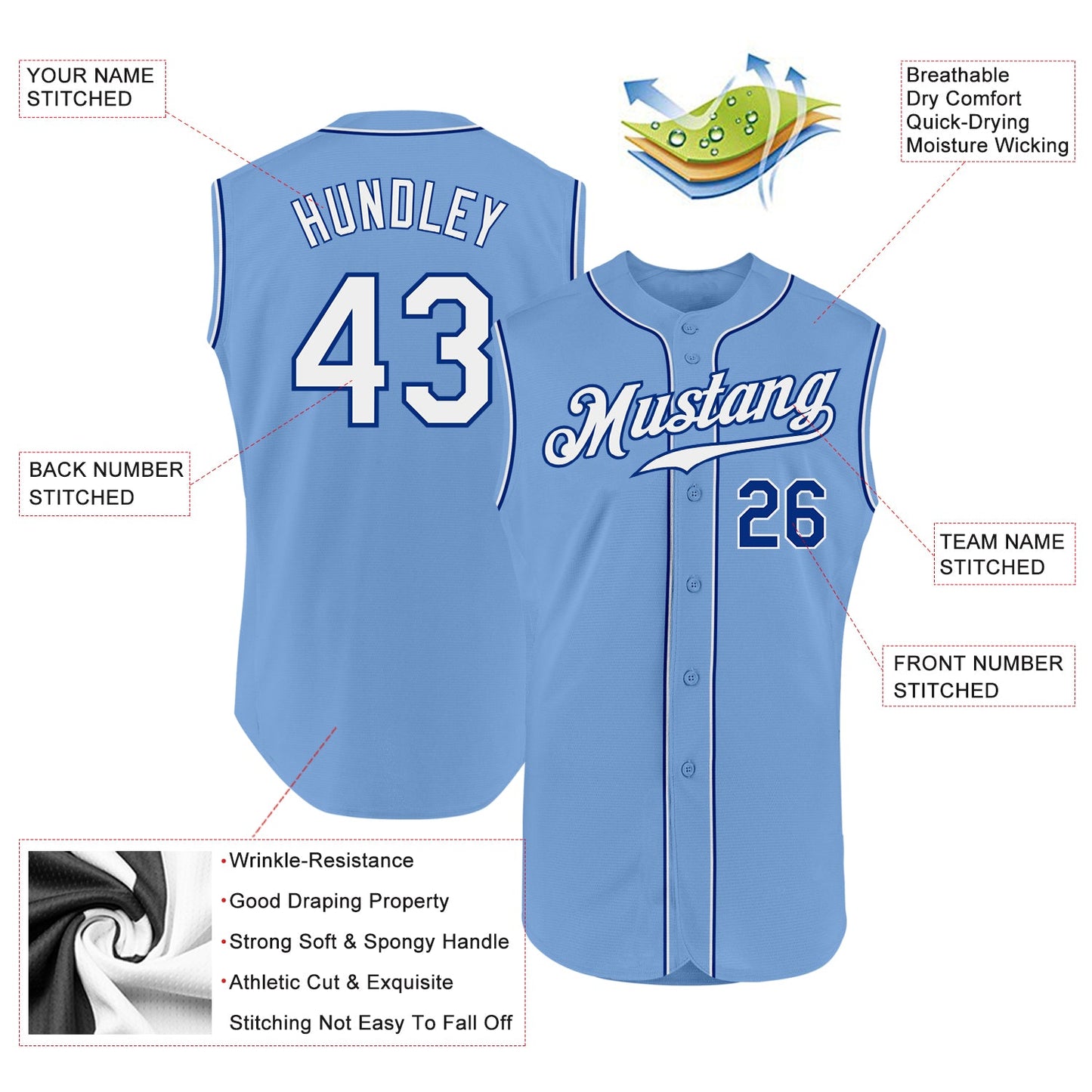Custom Light Blue White-Royal Authentic Sleeveless Baseball Jersey view 2