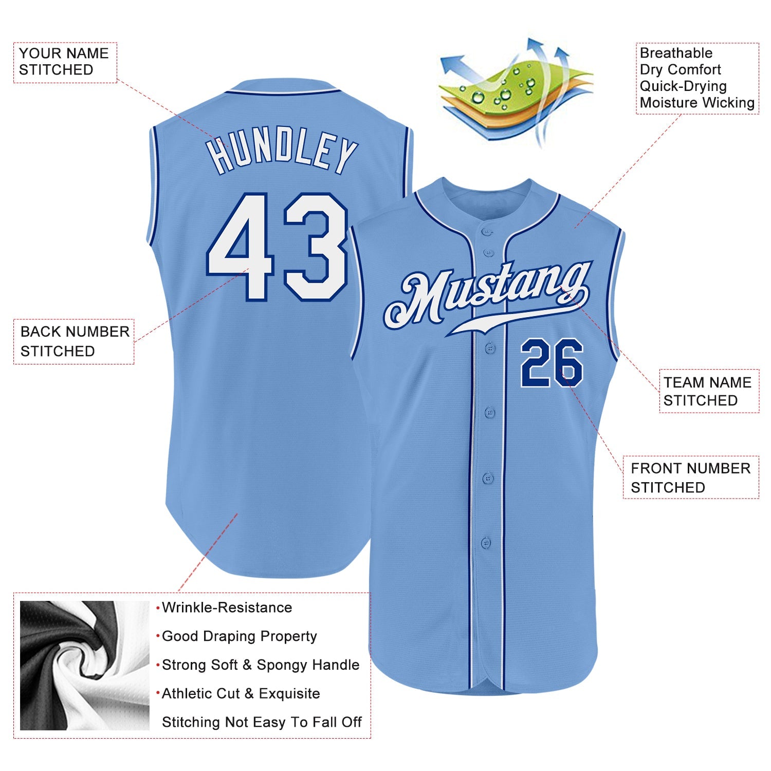 Custom Light Blue White-Royal Authentic Sleeveless Baseball Jersey view 2
