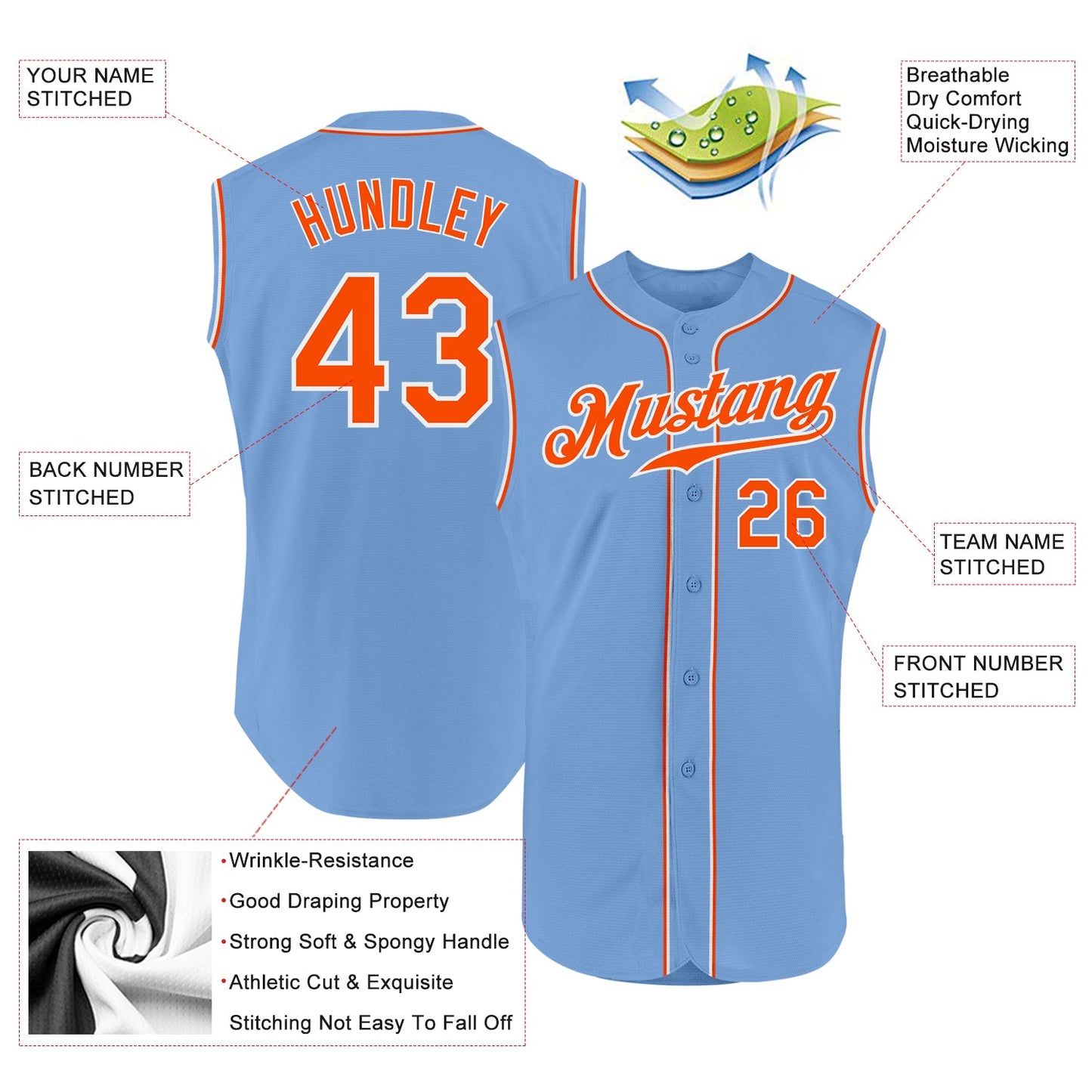 Custom Light Blue Orange-White Authentic Sleeveless Baseball Jersey view 2