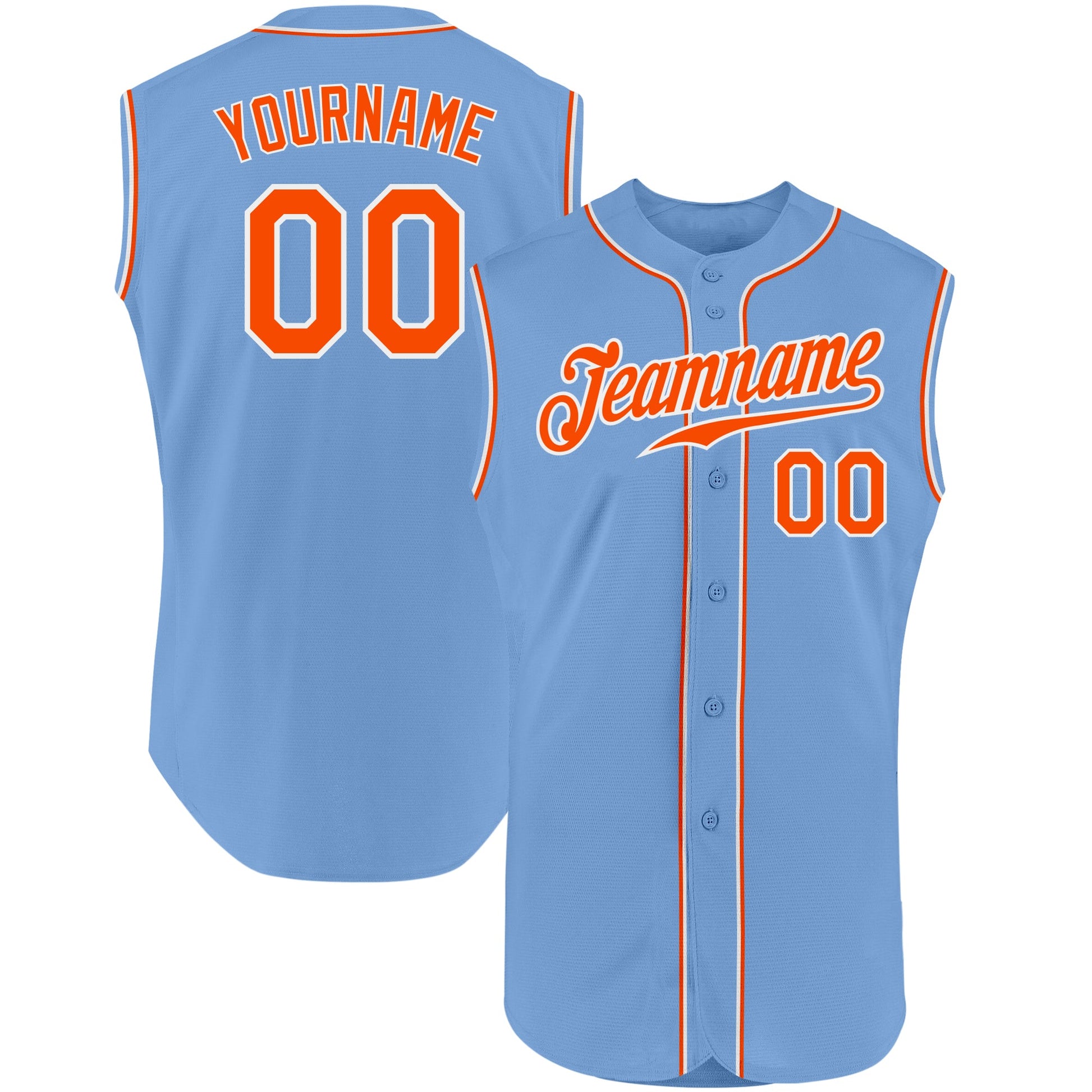 Custom Light Blue Orange-White Authentic Sleeveless Baseball Jersey - Main View