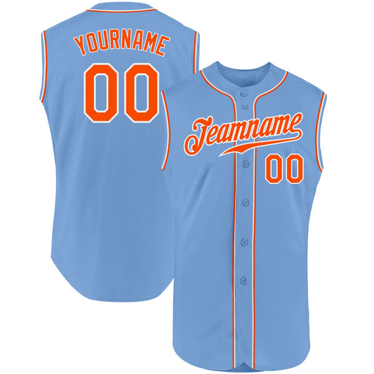 Custom Light Blue Orange-White Authentic Sleeveless Baseball Jersey - Main View