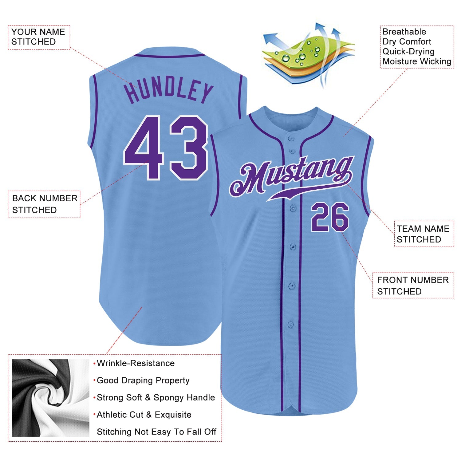 Custom Light Blue Purple-White Authentic Sleeveless Baseball Jersey view 2