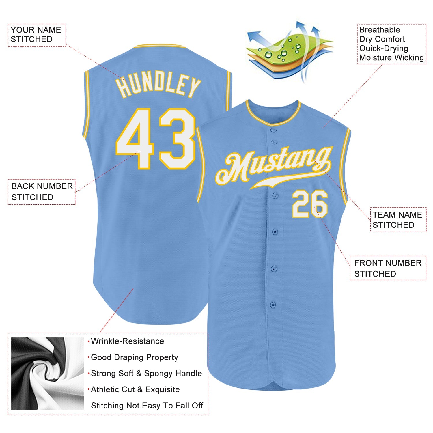 Custom Light Blue White-Gold Authentic Sleeveless Baseball Jersey view 2