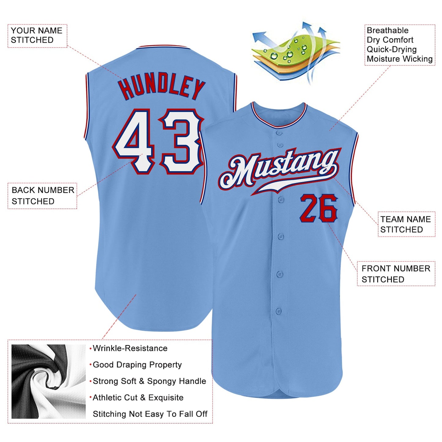 Custom Light Blue White-Red Authentic Sleeveless Baseball Jersey view 2